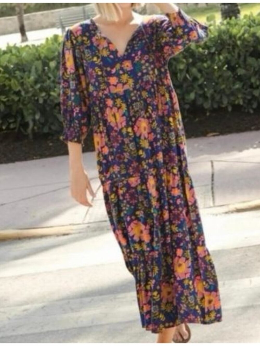 NWOT Natural Life Floral Boho Tiered Maxi Dress Blue Pink Rayon Medium